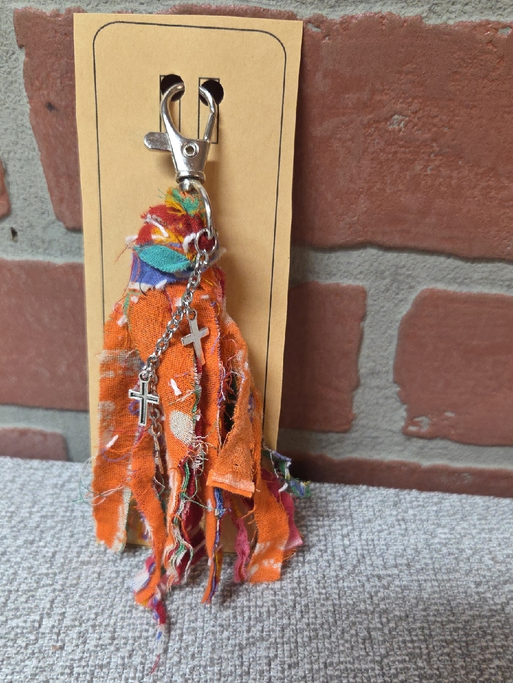 Colorful Kantha Tassel Keychain/Bag Tag w/3 Cross Charms